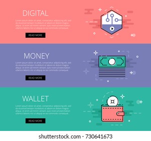 Vector illustration of different colored banner about crypto currency with Digital Money Wallet words in flat line.