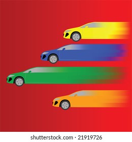 Vector illustration of different colored cars racing against a red background