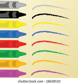 Vector illustration of different colored crayons aligned vertically and with lines drawn on a piece of paper