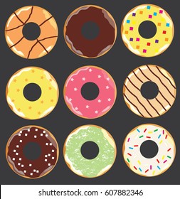 vector illustration of different colored donuts set.