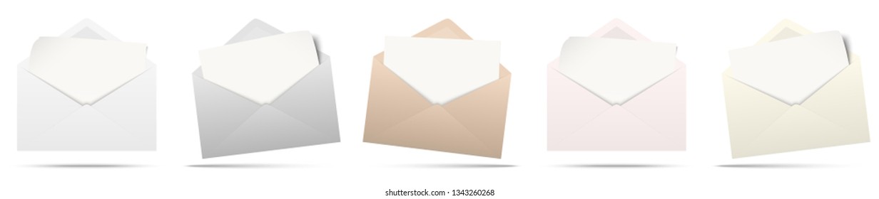 vector illustration with different colored envelopes with white empty paper isolated on white background