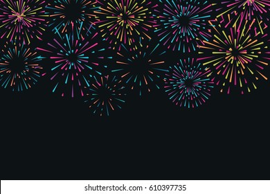 Vector illustration with different colorful fireworks on dark background