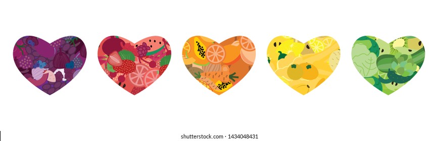 vector illustration of different colorful foods in heart shape for good nutrition and wellbeing headers