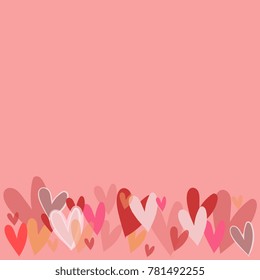 Vector illustration of different colorful heart decorations on pink background.