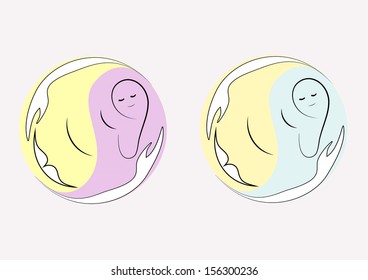 vector illustration of different colorful icons for institutions helping children with hearing disability. adult hands embracing the child and helping him learn; round shaped design.