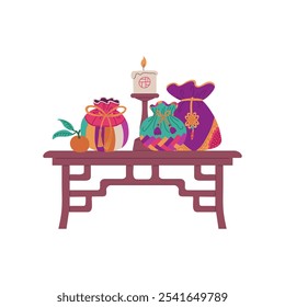 Vector illustration of different colorful Korean lucky bags standing on table with candle and mandarin. Good luck bags for oriental lunar holiday. Flat style. Isolated background.