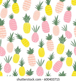 The vector illustration of the different colorful pineapples seamless pattern.