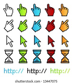 Vector illustration of different computer pointer graphics in enlarged pixel proportions. With shadows on separate layers.