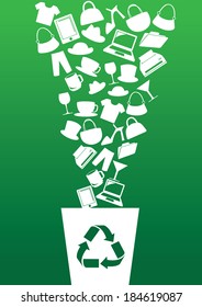 Vector illustration of different consumer products going into recycle bin. Concept for green consumerism contradiction.