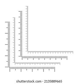 Vector illustration of different corner rulers isolated on white background. Set of measure instrument lines in flat style. Vertical and horizontal measuring scales. Markup for rulers.
