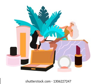 Vector illustration of different cosmetic products on a white background that can be used for hair studio, beauty salon promotional material like flyers, banners, leaflets.