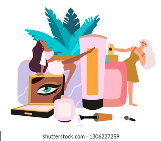 Vector illustration of different cosmetic products on a white background that can be used for hair studio, beauty salon promotional material like flyers, banners, leaflets.
