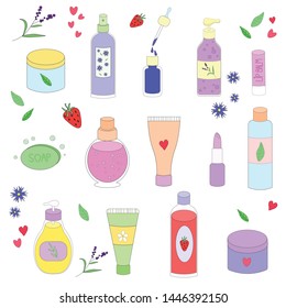 Vector illustration of different cosmetics. Cute, colorful, cartoon illustration of makeup set. White background.   
