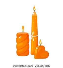Vektorgrafik mit verschiedenen gemütlichen Flammenkerzen in orangefarbener Farbe einzeln auf weißem Hintergrund.