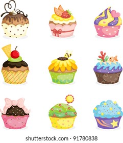 A vector illustration of different cupcakes designs