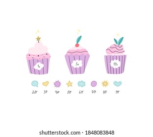 Vector illustration of different cupcakes with text bubbles and hand drawn numbers of followers or subscribers and etc. Greeting card, banner or post constructor.