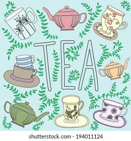 Vector illustration with different cups and teapots