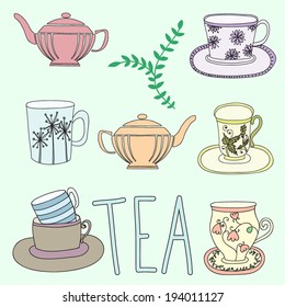 Vector illustration with different cups and teapots