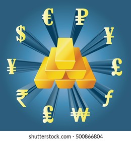 Vector illustration of different currencies and gold bars.Money exchange. The worlds major currencies. The value of money.