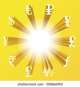 Vector illustration of different currencies. Money exchange. The worlds major currencies.