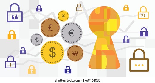vector illustration of different currency money symbols and keyhole for exchange office activities