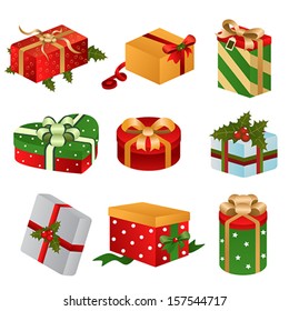 A vector illustration of different design of Christmas present boxes