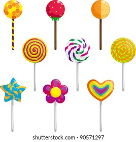 A vector illustration of different designs of lollipops