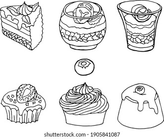 Vector illustration with different desserts: cake, pudding, capcake, trifle, tiramisu ,creamy dessert and blueberries. Can be used for cafe or candy store menu, package design, coloring pages.