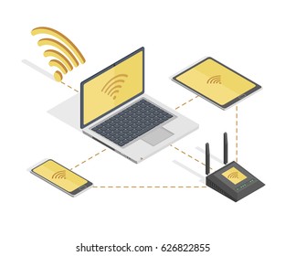 Vector Illustration Of The Different Devices Connected In Network With Wifi. Isometric Vector Illustration