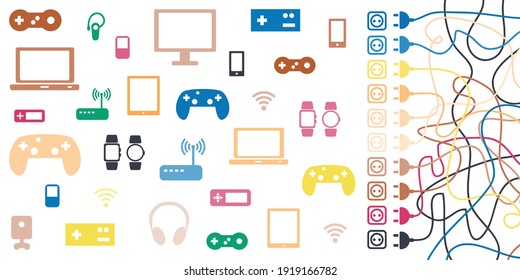vector illustration of different devices and electricity plug with wires charging gadgets