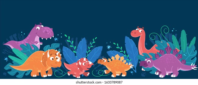 Vector illustration of different dinosaur friends, standing in exotic bushes on the darck blue backgrounde.