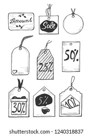 Vector illustration of a different discount labels set. Sale, 5, 10, 25, 50, 30, percent badges and few empty for your text. Hand drawn style. 