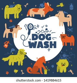 Vector Illustration With Different Dog Breeds. Funny Poster With Akita Inu, Jack Russell, Spitz, Pug, Corgi, Terrier, Sharpei. Dog Wash Logo. Icon For Pet Cleaning Service. Cute Postcard With Puppies.