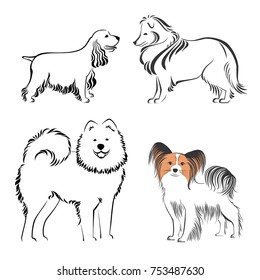 Vector illustration of different dogs breed isolated on white background. Dog icons collection for cynology, pet clinic and pet shop.