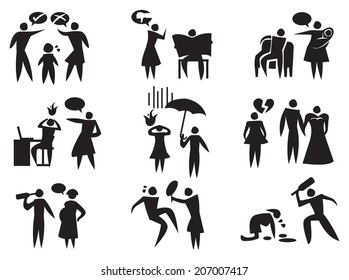 Vector illustration of different domestic violence situations in black on white background.