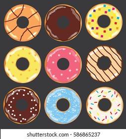 vector illustration of different donuts isolated.