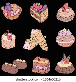 Vector illustration of different drawn delicious brownies