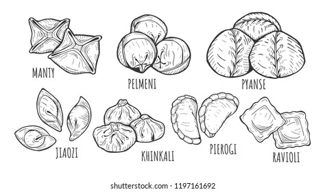 Vector illustration of different dumplings types and styles. Manty, meat dumpling, pelmeni, jiaozi, pyanse or pigodi, khinkali, ravioli, Pierogi or varenyky. Vintage hand drawn style.