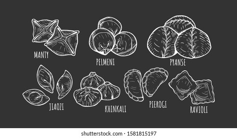 Vector illustration of different dumplings types and styles. Manty, meat dumpling, pelmeni, jiaozi, pyanse or pigodi, khinkali, ravioli, Pierogi or varenyky. Vintage hand drawn style.