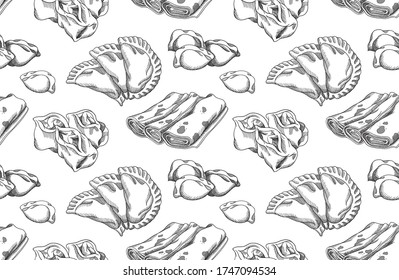 Vector illustration of different dumplings types and styles. Manty, meat dumpling, pelmeni, jiaozi, pancake, crepe, pyanse or pigodi, khinkali, ravioli, Pierogi or varenyky. Vintage hand drawn style.