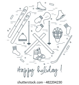 Vector illustration of different elements of sports equipment and clothing for winter sports arranged in a circle. For postcard, invitation, banner, flyer or other polygraphy and design.