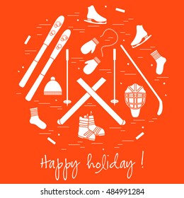 Vector illustration of different elements of sports equipment and clothing for winter sports arranged in a circl. For postcard, invitation, banner, flyer or other polygraphy and design.