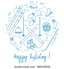 Vector illustration of different elements of sports equipment and clothing for winter sports arranged in a circl. For postcard, invitation, banner, flyer or other polygraphy and design.