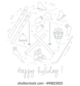 Vector illustration of different elements of sports equipment and clothing for winter sports arranged in a circle. For postcard, invitation, banner, flyer or other polygraphy and design.
