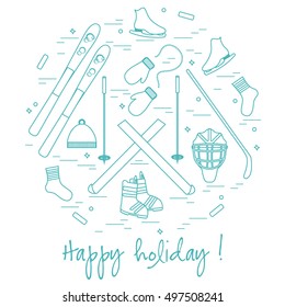 Vector illustration of different elements of sports equipment and clothing for winter sports arranged in a circle. For postcard, invitation, banner, flyer or other polygraphy and design.