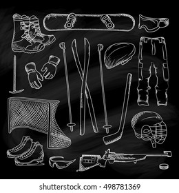 Vector illustration of different elements of sports equipment and clothing for winter sports.