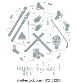 Vector illustration of different elements of sports equipment and clothing for winter sports arranged in a circle. For postcard, invitation, banner, flyer or other polygraphy and design.