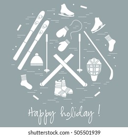 Vector illustration of different elements of sports equipment and clothing for winter sports arranged in a circle. For postcard, invitation, banner, flyer or other polygraphy and design.