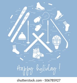 Vector illustration of different elements of sports equipment and clothing for winter sports arranged in a circle. For postcard, invitation, banner, flyer or other polygraphy and design.