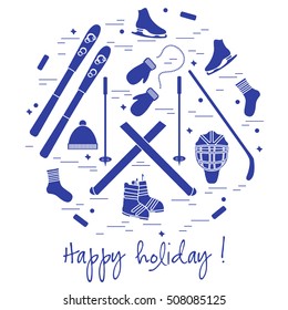 Vector illustration of different elements of sports equipment and clothing for winter sports arranged in a circle. For postcard, invitation, banner, flyer or other polygraphy and design.